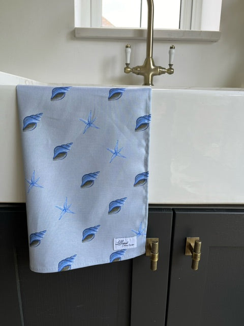 Starfish and Shell Tea Towel - Cool Blue