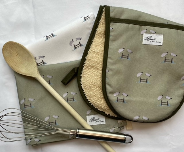 Jumping Sheep Tea towel - Sage background