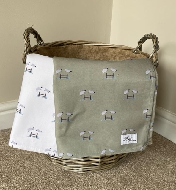 Jumping Sheep Tea towel - Sage background
