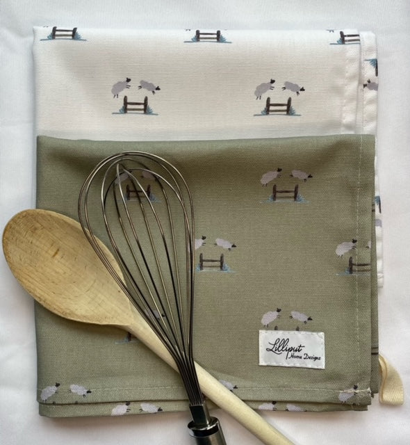 Jumping Sheep Tea towel - Sage background