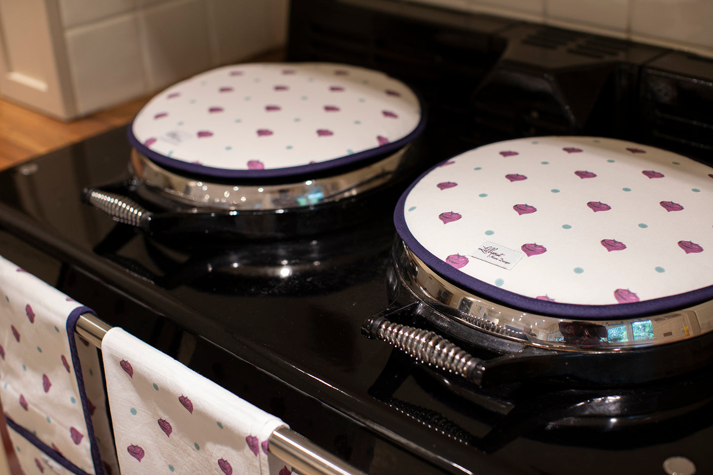 Beetroot homewares collection Aga hob covers with Terry towelling backing, matching tea towels and oven gloves